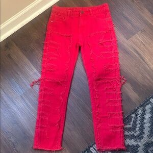 Red distressed raw hem jeans size 12Y